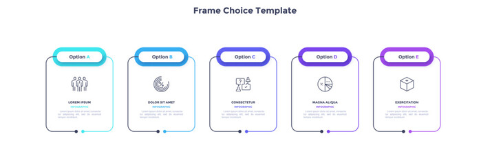 Business model with 5 rectangular frames placed in horizontal row. Concept of five features of startup project. Simple infographic design template. Modern flat vector illustration for presentation.
