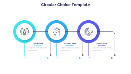 Infographic elements of circular choice template with 3 options, steps or processes. Program steps placed in horizontal row. Modern flat vector illustration for visual presentation