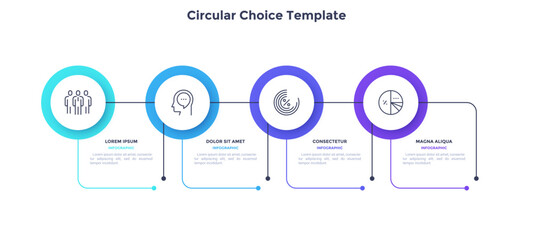 Infographic elements of circular choice template with 4 options, steps or processes. Program steps placed in horizontal row. Modern flat vector illustration for visual presentation