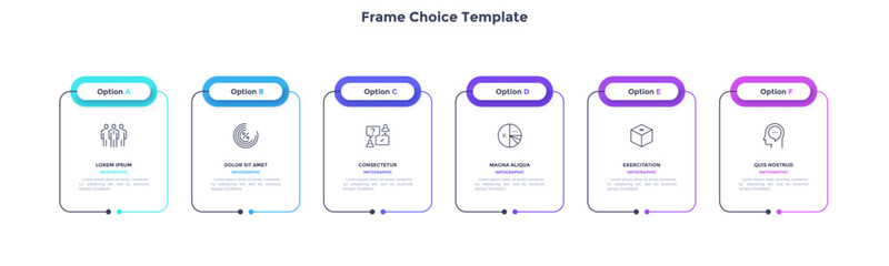 Business model with 6 rectangular frames placed in horizontal row. Concept of six features of startup project. Simple infographic design template. Modern flat vector illustration for presentation.