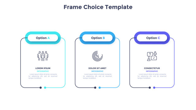 Business model with 3 rectangular frames placed in horizontal row. Concept of three features of startup project. Simple infographic design template. Modern flat vector illustration for presentation.