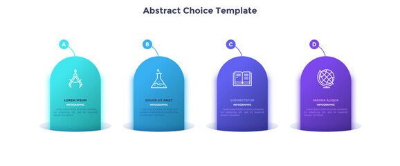 Four vertical colorful stripes or ribbons with linear icons and place for text inside. Concept of comparison of 4 business options. Infographic design template. Vector illustration for presentation.