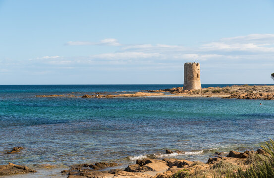 The Tower of San Giovanni located in Posada, Sardinia, Italy. Historic coastal watchtower overlooking the Mediterranean Sea and surrounding landscape.
