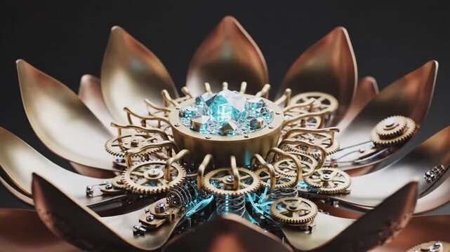 Mechanical flower with intricate gears and cogs in bloom, showcasing complex machinery, viewed from directly above
