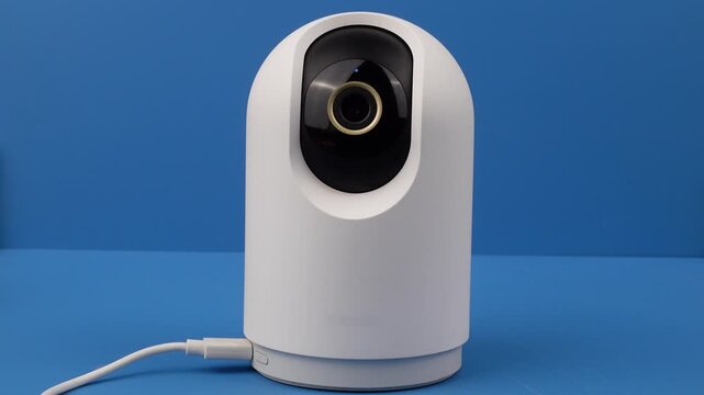 Smart home security camera isolated on blue background, modern surveillance and home safety technology concept.