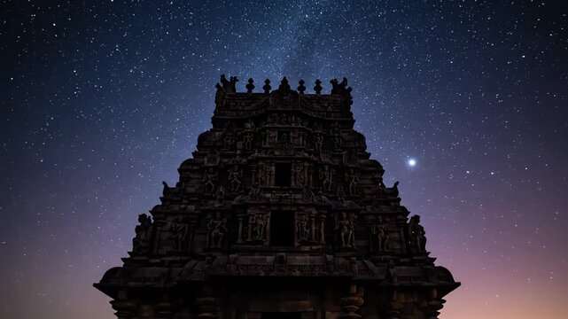 Ancient Indian Temple Silhouette Against Starry Night Sky With A Galaxy