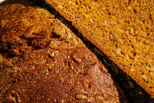 Close-up of artisanal whole grain bread textures