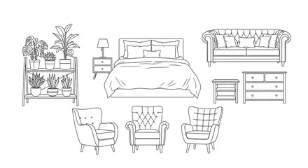 Naklejka premium Line drawing of furniture collection including sofa, bed, chairs, and dresser in a bedroom setting from a front viewpoint.