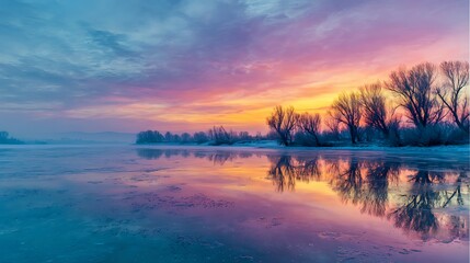 Fototapeta premium Icy river reflecting a fiery sunset with bare trees and a colorful sky