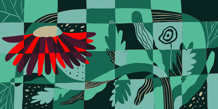 Abstract geometric floral illustration in bold colors