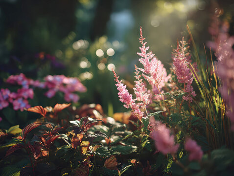 Sunny garden corner, diverse fresh plants, soft pink foreground blur, strong natural light, layered morningshadow, bokeh background flower cluster, Leica M11 24mm lens, hazy light spot - AI-Generated