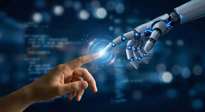 Robot hand touches human hand with index fingers. Blurred dark blue background. Human hand and robot are stretched towards each other diagonally. There is a glow at the point of contact. AI