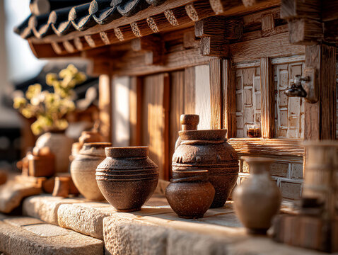 Traditional Korean hanok with onggi jars beside, handcrafted miniature diorama, earth-toned colors, stone platform, wooden beams, clay tiles, white plaster walls, soft natural light, qu - AI-Generated