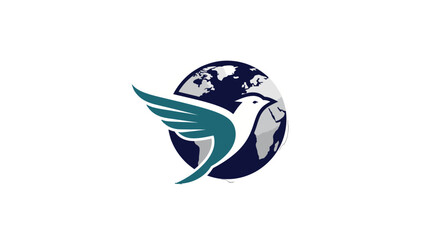 Stylized bird logo in flight around the globe emblem.