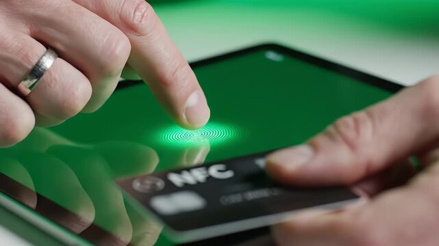Close Up of Person's Hands Using Credit Card and Tablet Device for Contactless Payment Authentication with Digital Fingerprint Scan Overlay