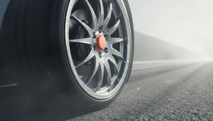 Car wheel drifting on asphalt road with smoke and motion blur. 3d render illustration for racing sport banners, automotive performance concepts and extreme speed background