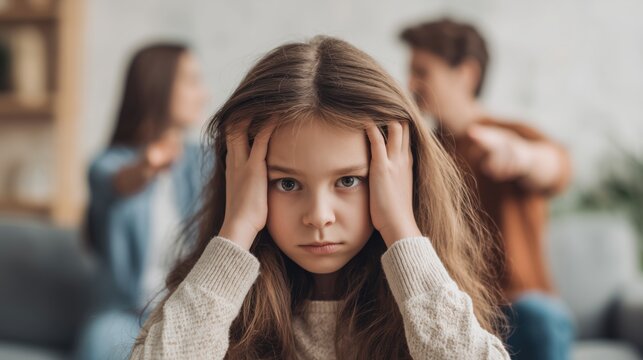 Girl holding head in distress while parents argue blurred in background, concept of childhood trauma, emotional abuse, family conflict and psychological stress at home
