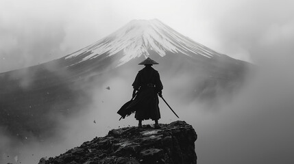 Samurai against a mountain Fujiyama