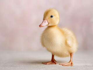 Baby duckling on textured surface, light pink background, right-facing orientation, contrasting orange bill, soft shadows, natural lighting, minimalist style, commercial stock image - AI-Generated