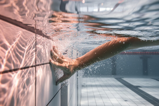 Underwater view of swimmer hand touching tiled pool wall with bubbles representing race finish or turning point suitable for sports competition banner or swimming club advertisement