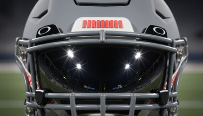 American football helmet with reflective visor front view on stadium background. Realistic 3d render illustration for sport team game concepts, league championship banners and protective gear design