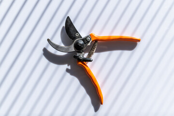 Orange garden pruners on a light surface with dramatic striped shadows from window blinds, minimalist still life with strong contrast and modern lighting.