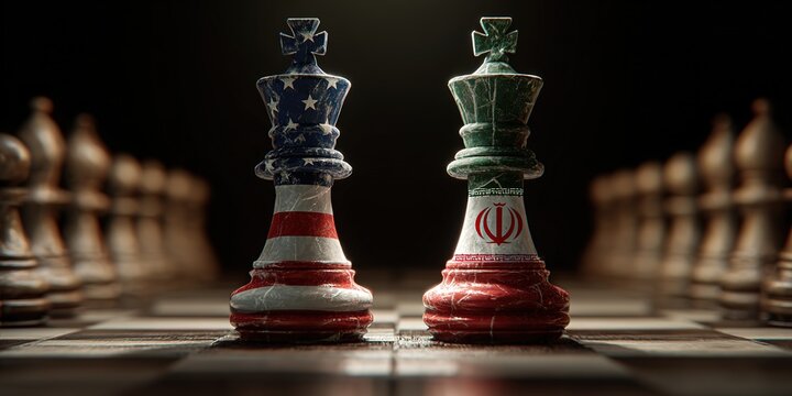 USA vs Iran chess king pieces with the flag of Iran and USA
