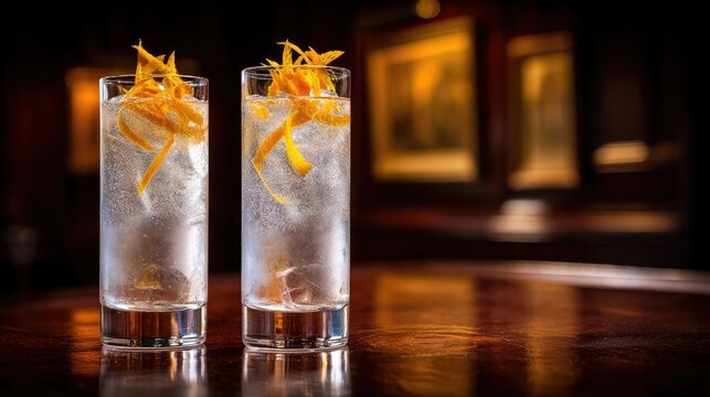 Refreshing Citrus Cocktails with Orange Twists on a Wooden Bar Surface, Perfect for Stylish Gatherings and Summer Celebrations