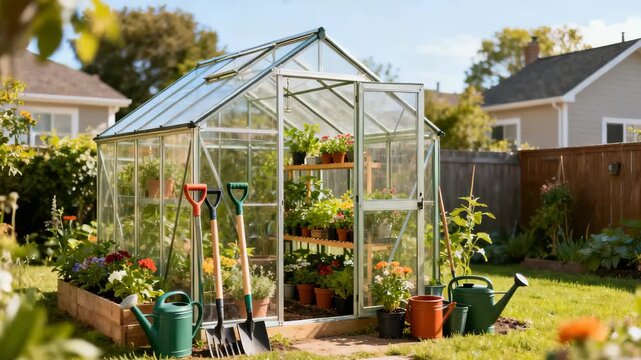Small backyard greenhouse with plants gardening tools and watering cans in sunny garden