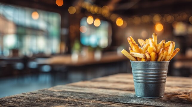 Crispy Golden French Fries Served in a Rustic Metal Bucket on a Wooden Table Surrounded by Warm Ambient Lighting in a Cozy Dining Environment