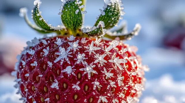 Frosted strawberry close-up in winter landscape. Glistening ice crystals form stunning pattern on berry surface. Nature showcases beauty in early morning light.