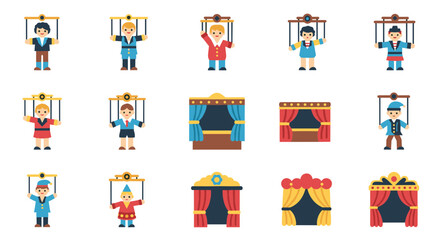 Fototapeta premium Colorful circus performers and stage icons in a vibrant pixel art style