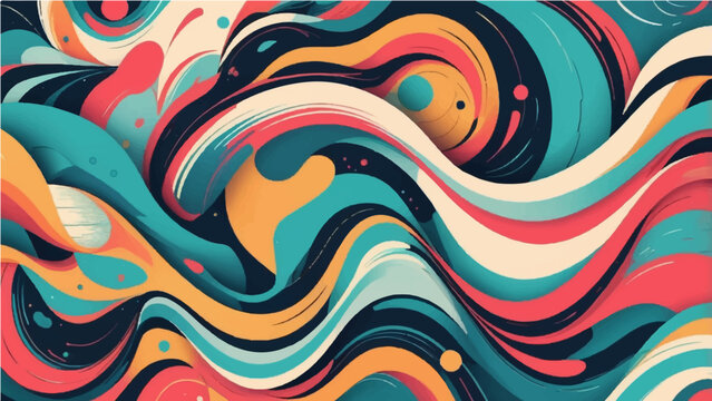 A colorful psychedelic seamless pattern vector illustration featuring bright rainbow waves and abstract line art shapes for a retro wallpaper backdrop or vintage orange and blue curve decor