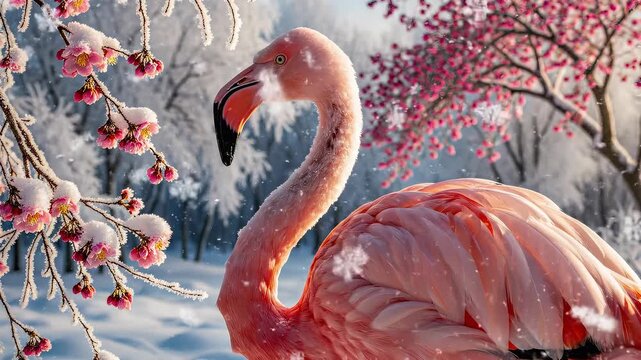 Flamingo in winter wonderland. Pink flamingo stands gracefully among snow-covered cherry blossoms. Winter beauty creates serene atmosphere and enchanting scene.