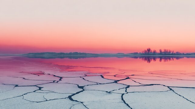 Cracked ice reflecting pink sunset and distant trees