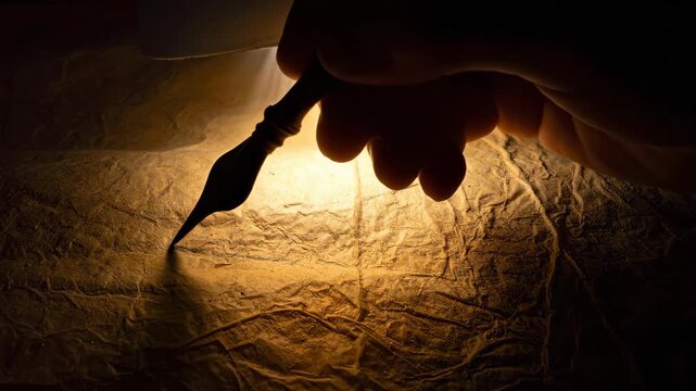 Person Writing with Quill Pen on Ancient Paper at Sunset.