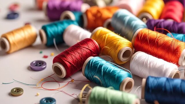 Colorful spools of thread and buttons scattered on a light background, perfect for crafting and sewing projects.