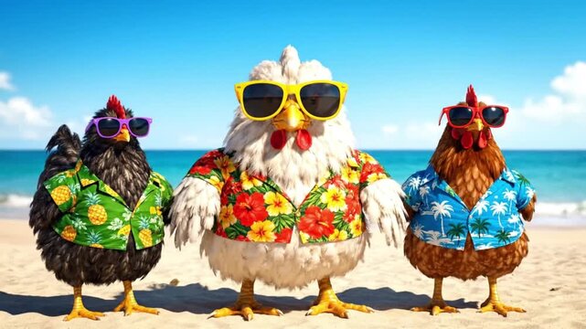 A cartoon chicken wearing yellow sunglasses and a floral shirt stands on a beach. The ocean and blue sky are visible in the background.