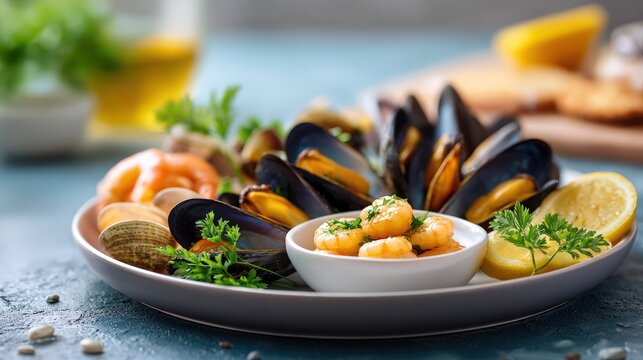 Fresh seafood platter featuring steamed mussels, pan fried prawns, and clams