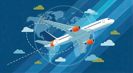Airplane flying around the world with a flight path illustrated on a blue background with clouds