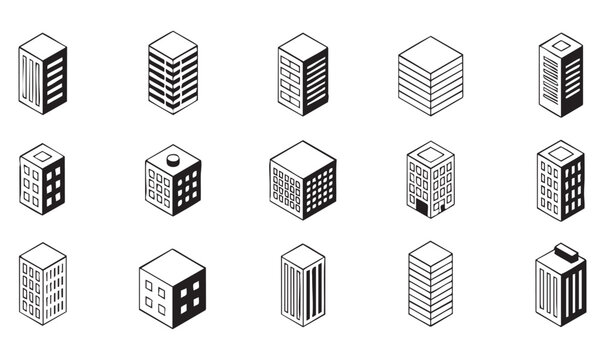 Isometric building icons, 3d architecture line art, skyscraper and apartment building vector set