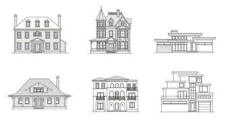 Fototapeta premium Collection of Architectural Illustrations Featuring Various Buildings and Houses from Different Viewpoints