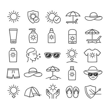 Summer icon set featuring sunscreen, sunglasses, and beach accessories.