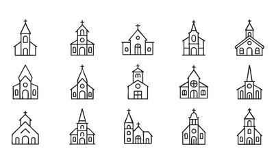 Fototapeta premium Set of church building icons line art different architectural styles and shapes