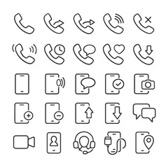 Telephone and smartphone icon set with call, chat, and media symbols.