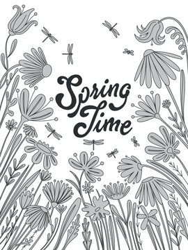 Greeting card template with bright  spring flowers, leaves and butterflies. Handmade doodle trendy drawing vector illustration. Can be used to create greeting cards, wedding cards, banners, etc.