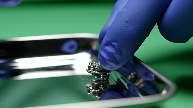 Close up of tiny metallic orthodontic braces bracket and tools on stainless steel tray with green background doctor hands gloved performing dental