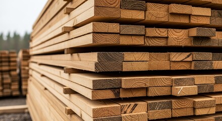 Stack of lumber in a lumberyard with forest background