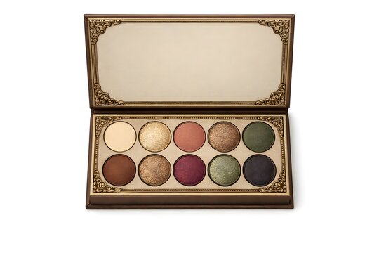 A makeup palette opens to reveal ten shades of eyeshadow in various colors. The case has a decorative design. This palette is useful for creating different eye looks for any occasion
