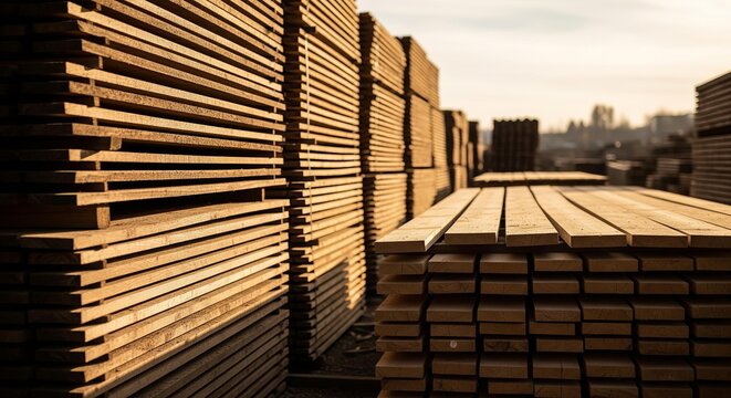 Stacked lumber in a lumber yard at sunset